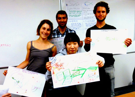 Graduate Students in Mikaela Huntzinger’s class display their rich pictures, with a “sushi curriculum” in the background.  Left to right:  Erin Wilkus, Masoud  Rahman, Hyorim Yang, David Jefferson.