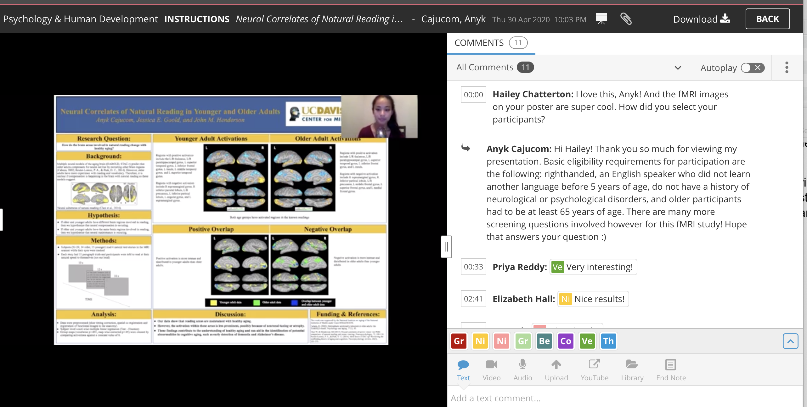 A student's presentation of brain research with engaged comments