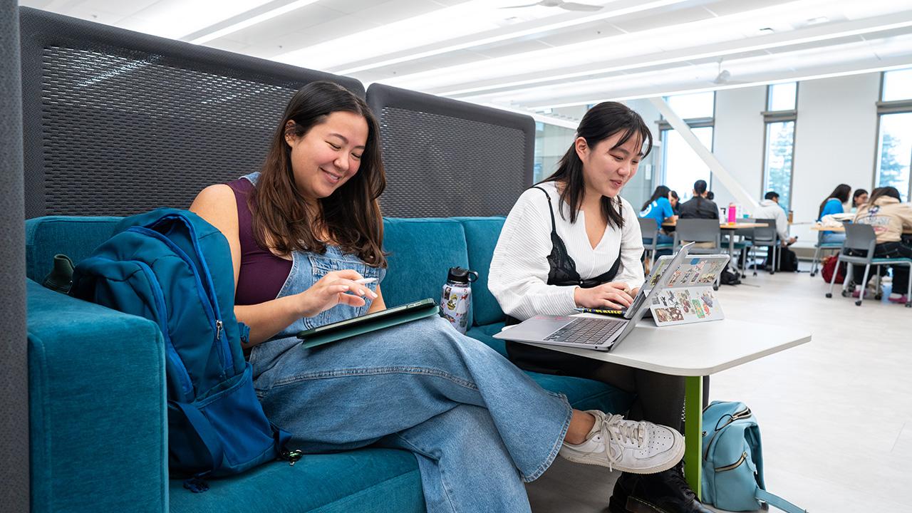 Two UC Davis students work side-by-side inside one of the study booths in the Teaching and Learning Complex