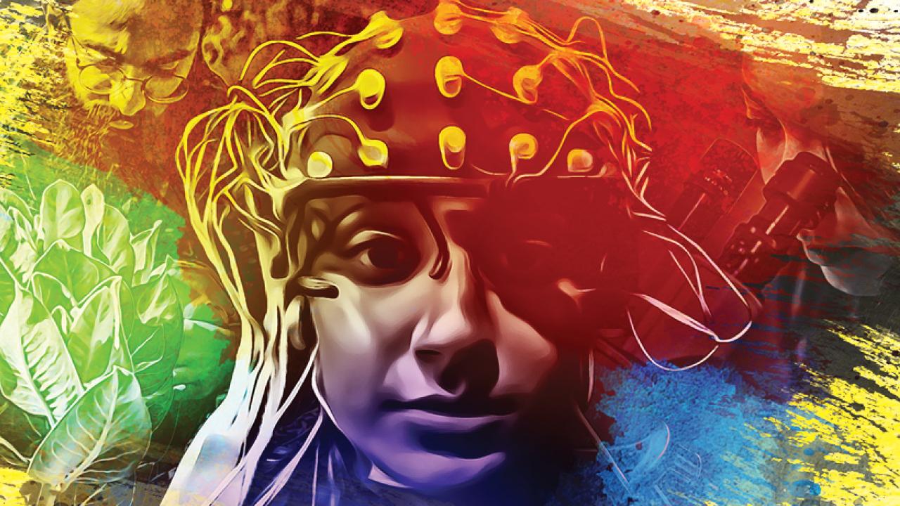 image of student face with electrodes on the cap. Text on image: Undergraduate Research Fair