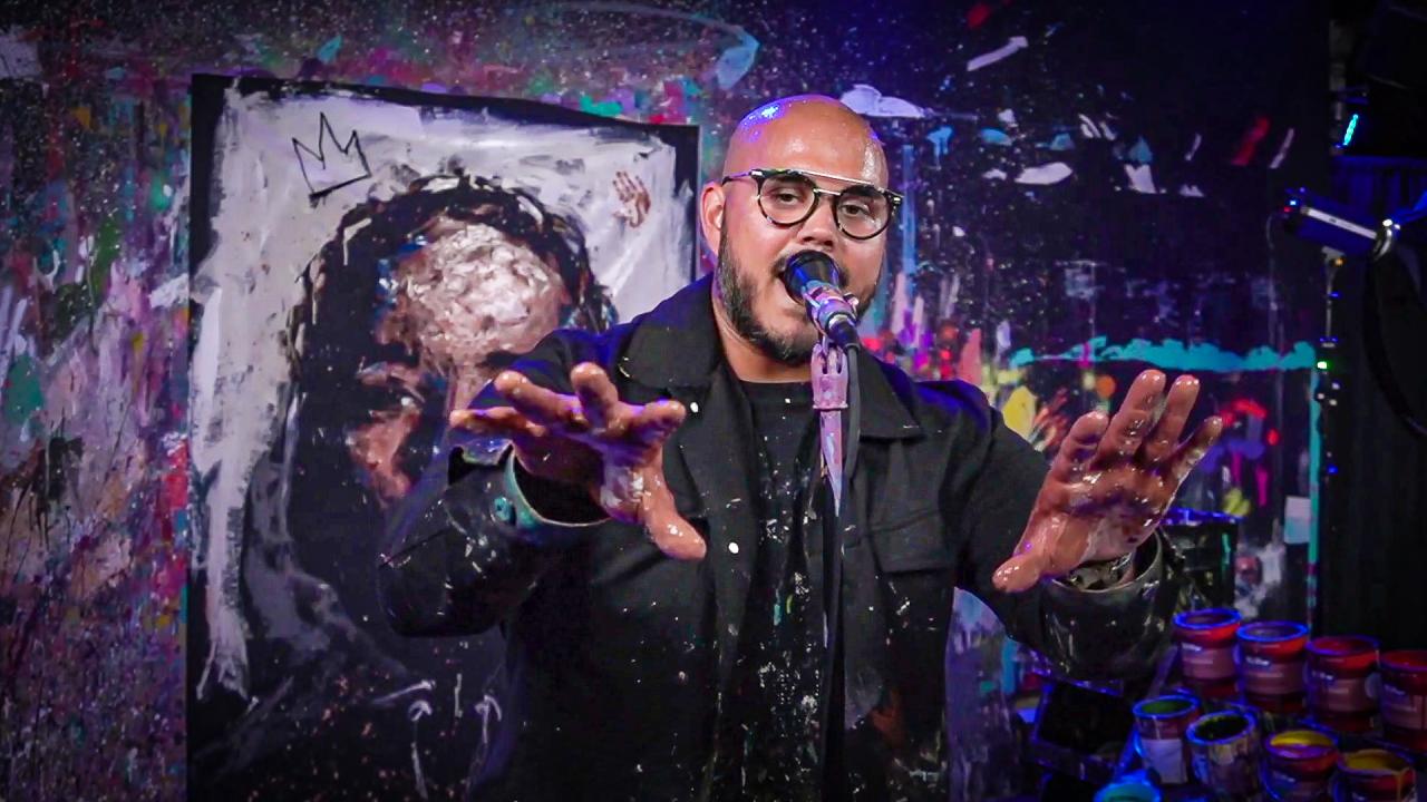 Performance Painter David Garibaldi painted Kendrick Lamar for Quarter at Aggie Square