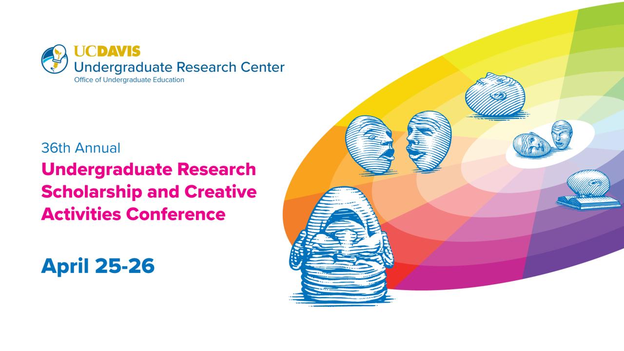 Promotional digital graphic for the UC Davis Undergraduate Research Center. The image announces the 36th Annual Undergraduate Research Scholarship and Creative Activities Conference, on April 25-26. The text is displayed in a mix of blue and magenta colors. A QR code and the website link (urc.ucdavis.edu) provided for more information. The background features a colorful rainbow gradient with blue, hand-drawn illustrations of eggheads.