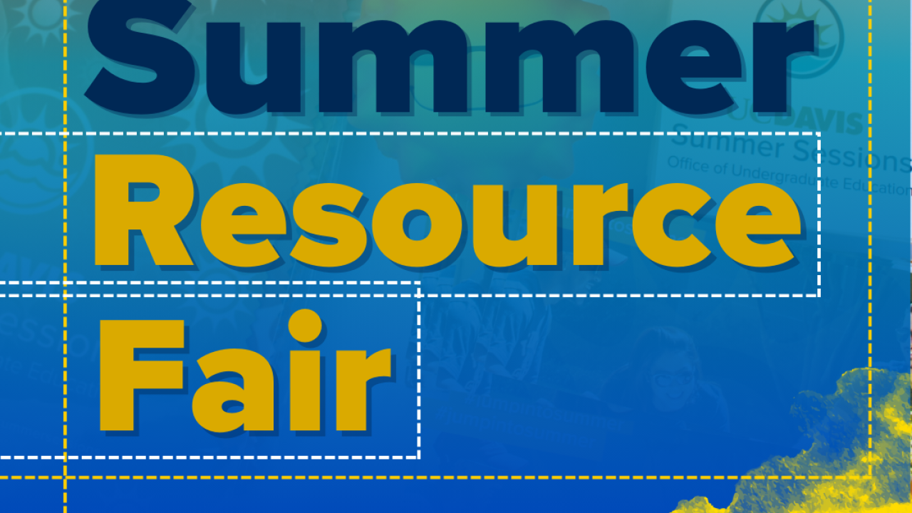 A promotional graphic for a "Summer Resource Fair" with a background image featuring various giveaway items such as pens, hand sanitizers, and informational materials. The text "Summer Resource Fair" is prominently displayed in bold blue and yellow letters, overlaid with a semi-transparent blue and yellow gradient.