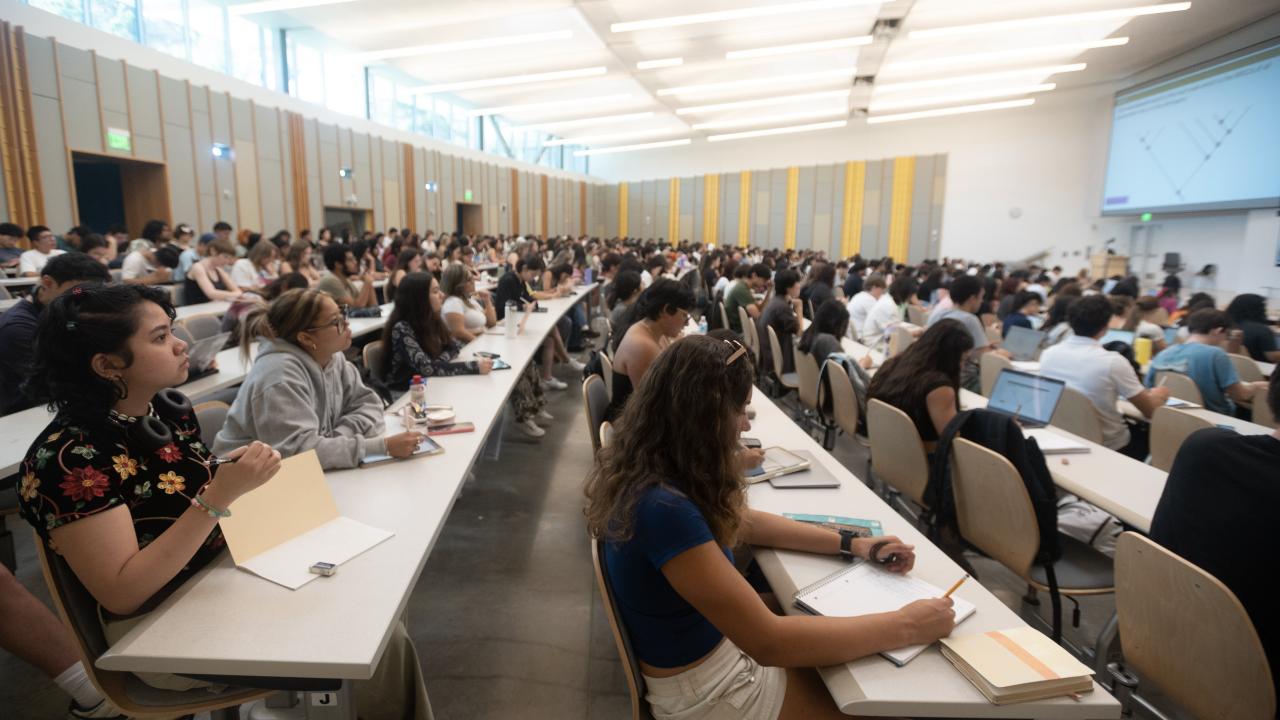 Large group of students sitting in rows in California Hall (classroom)
