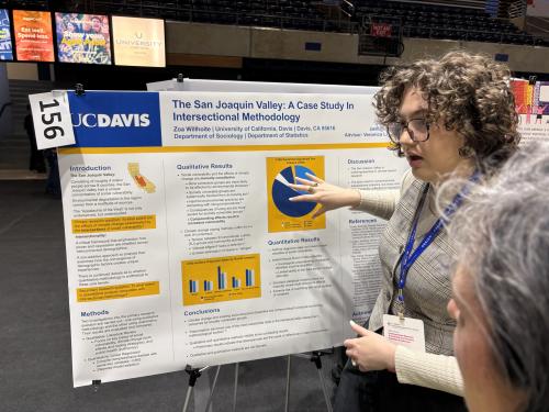 A student stands next to a research poster titled 'The San Joaquin Valley: A Case Study in Intersectional Methodology' at an academic conference. The student is gesturing toward a pie chart on the poster while explaining the research to an attendee. The poster features sections on introduction, methods, qualitative and quantitative results, and conclusions. It is branded with the UC Davis logo and includes charts and graphs. The student wears glasses, a plaid top, and a conference badge on a blue lanyard.