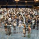 Blurry images of hundreds of students moving in and out of aisles at the 2023 Undergraduate Research, Scholarship and Creative Activities Conference. The poster boards between the aisles are in focus with the blur of student activity around them.