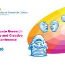Promotional digital graphic for the UC Davis Undergraduate Research Center. The image announces the 36th Annual Undergraduate Research Scholarship and Creative Activities Conference, on April 25-26. The text is displayed in a mix of blue and magenta colors. A QR code and the website link (urc.ucdavis.edu) provided for more information. The background features a colorful rainbow gradient with blue, hand-drawn illustrations of eggheads.